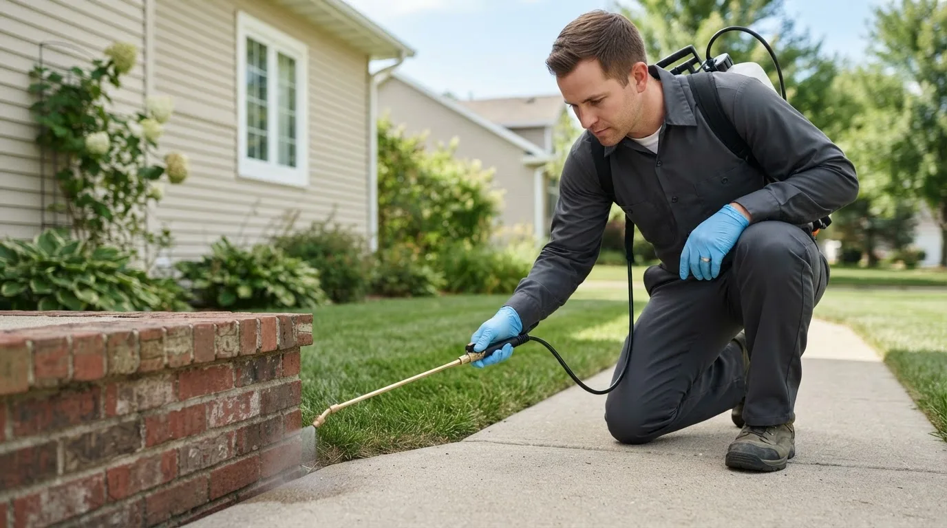 Pest control technician treating a home near Akron, CO
