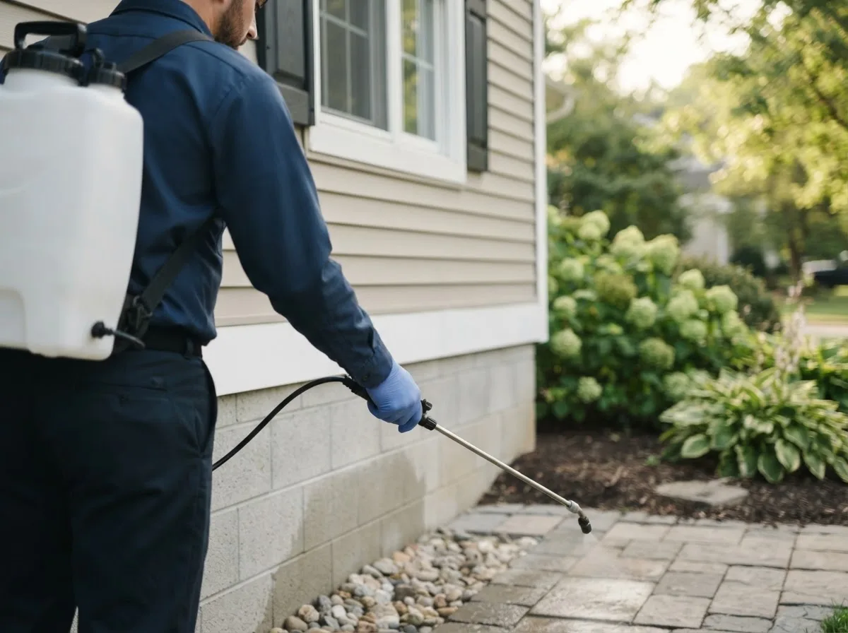 Pest control technician inspecting a home in Akron, CO